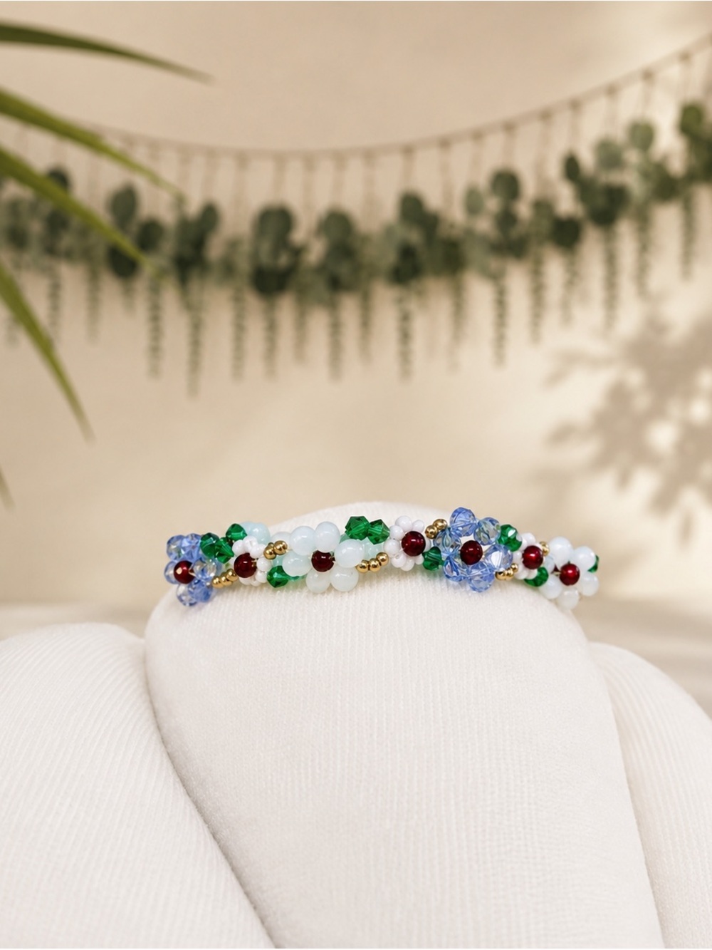 Handmade Floral Beaded Bracelet - White, Blue & Green